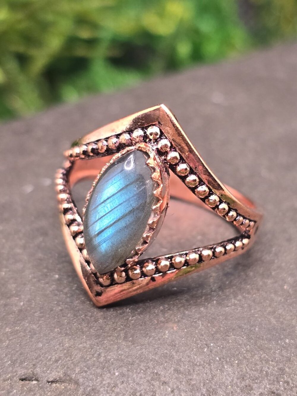 Labradorite Copper Marquise Ring Size 8.5 Blue Flash Gemstone Jewelry